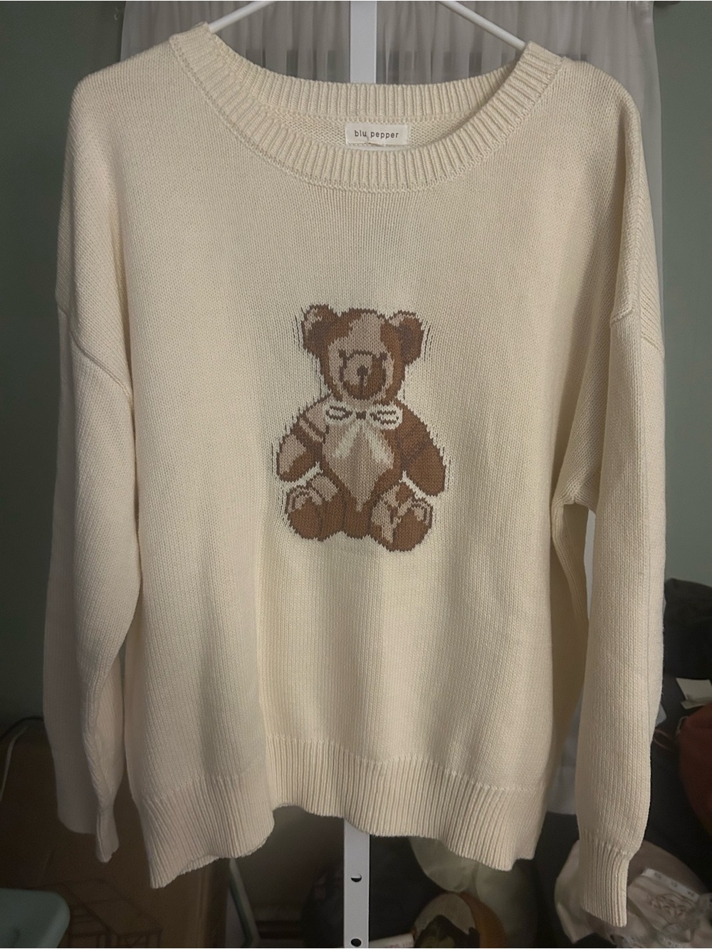 Blu Pepper Cream Sweater with Brown Teddy Bear